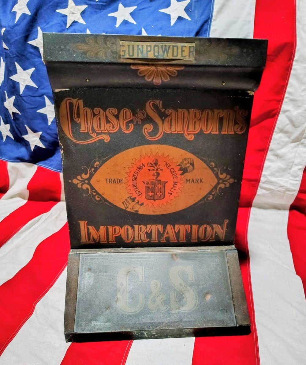 Antique General Store Tin Litho Chase & Sanborn Advertising Coffee /Tea Bin